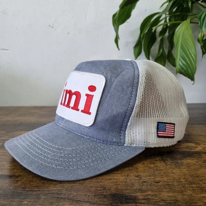 Vintage American Trucker Hat Snapback cap one size blue white IMI Irving Materials Inc