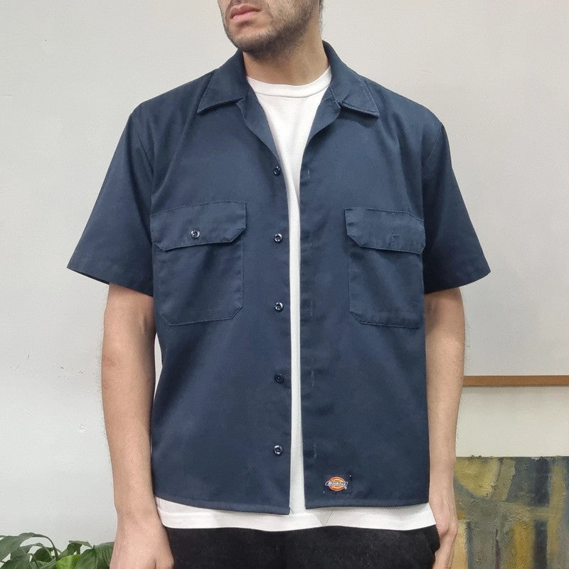 Vintage Dickies Boxy Fit Cropped Shirt Short Sleeve Medium navy navy Button Up Skater Y2K Surf