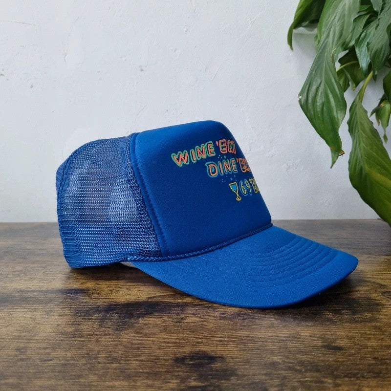 Vintage American Baseball Hat Snapback cap one size blue wine em dine em 69 em