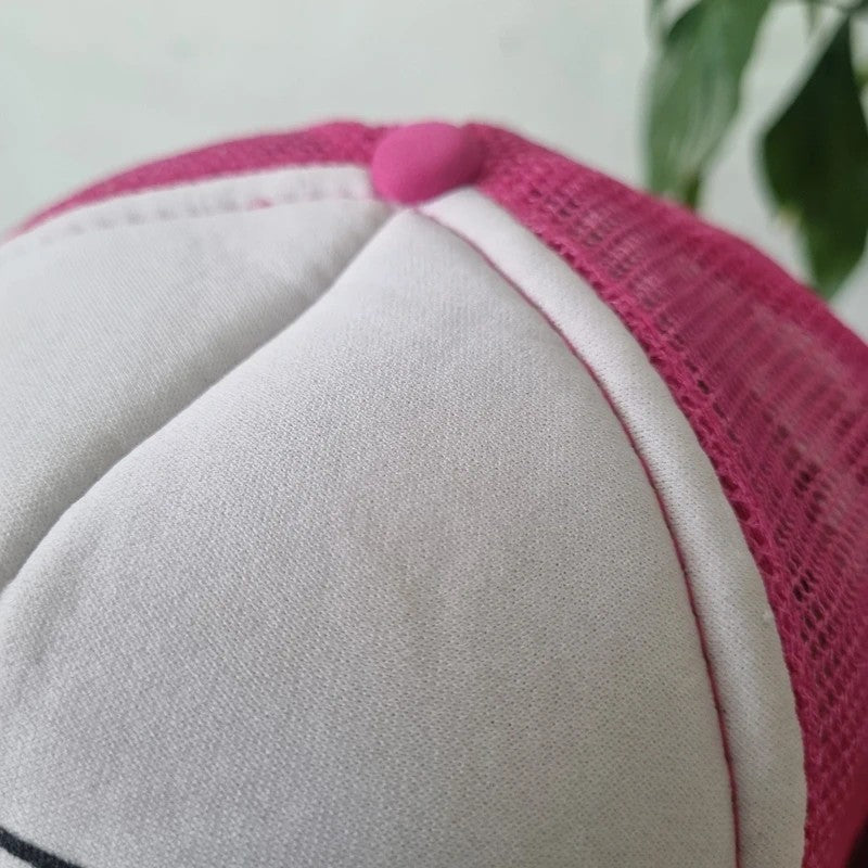 Vintage American Trucker Hat Snapback cap one size adjustable pink white farm discovery truck