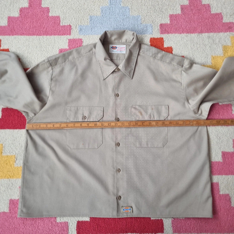 Vintage Dickies Boxy Fit Cropped Shirt Long Sleeve XL plain Beige Button Up Skater Y2K Surf