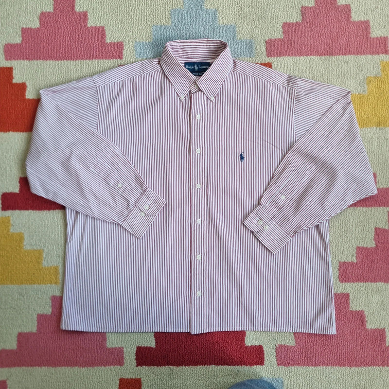 Vintage Ralph Lauren Boxy Fit Cropped Shirt Long Sleeve Large Striped red Button Up Skater Y2K