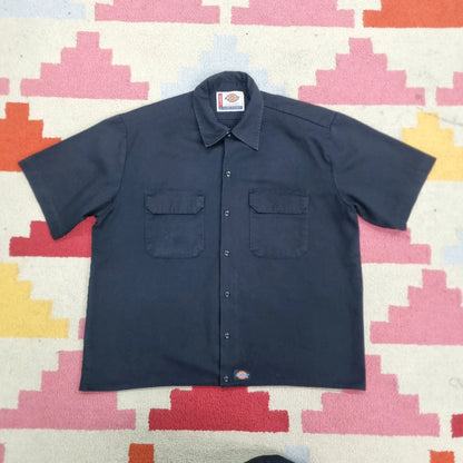Vintage Dickies Boxy Fit Cropped Shirt Short Sleeve large plain Black Button Up Skater Y2K Surf