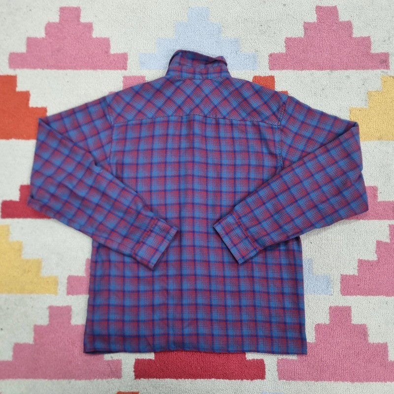 Vintage Columbia Boxy Fit Cropped Shirt Long Sleeve Small Check burgundy blue Button Up Skater