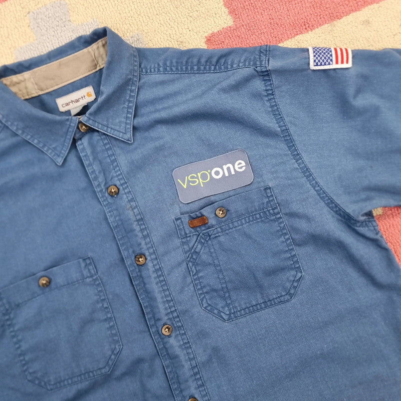 Vintage Carhartt Boxy Fit Cropped Shirt Short Sleeve large plain Blue Button Up Skater Y2K Surf