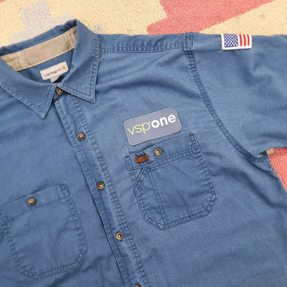 Vintage Carhartt Boxy Fit Cropped Shirt Short Sleeve large plain Blue Button Up Skater Y2K Surf