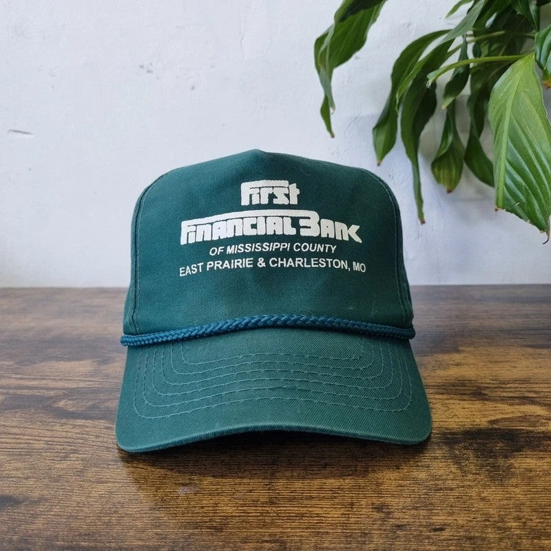 Vintage American Trucker Hat Snapback cap one size adjustable green first financial bank