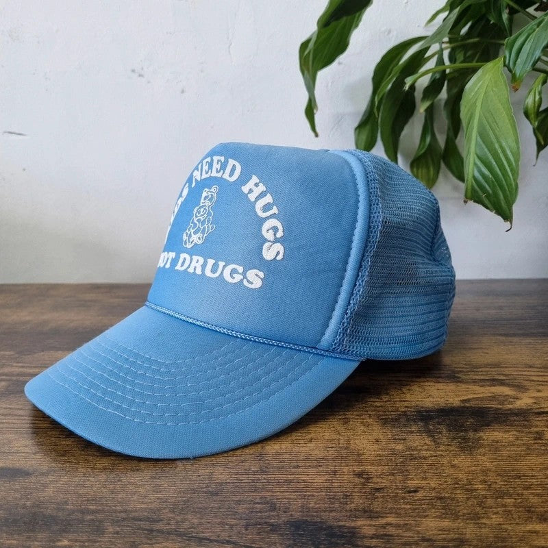 Vintage American Trucker Hat Snapback cap one size light blue Kids need hugs not Dr
