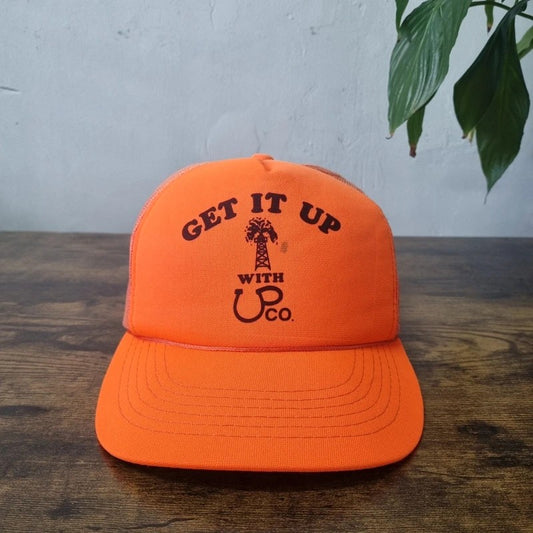 Vintage American Trucker Hat Snapback cap one size adjustable neon orange get it up oil derrick