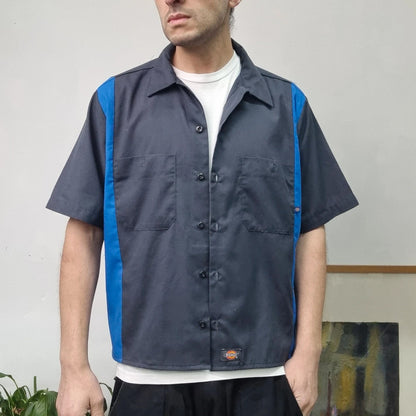 Vintage Dickies Boxy Fit Cropped Shirt Short Sleeve large plain grey Button Up Skater Y2K Surf