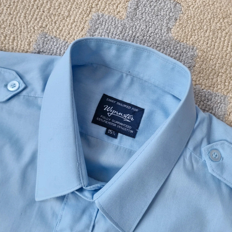 Vintage military Army Boxy Fit Cropped Shirt Long Sleeve medium plain Blue Button Up Skater Y2K