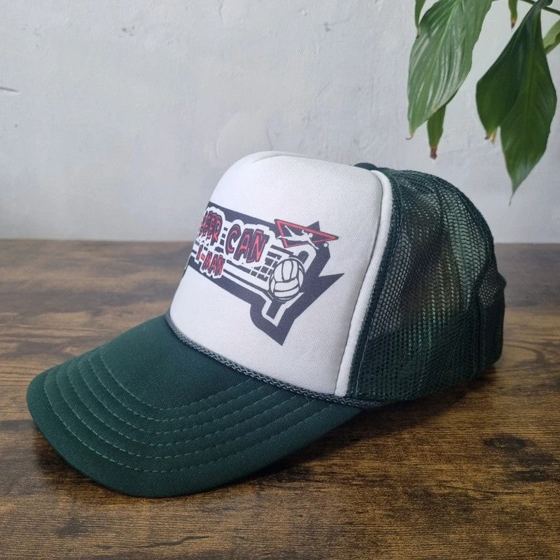 Vintage American Trucker Hat Snapback cap one size white green beer can 4 man volleyball