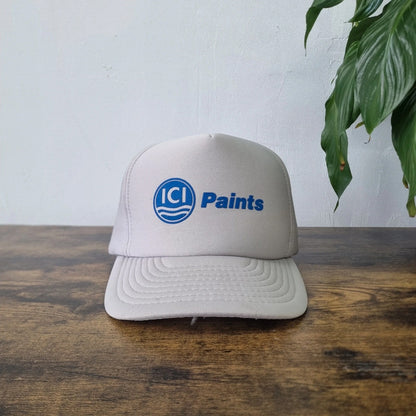 Vintage Trucker Cap mesh snapback hat ICI Paints one size adjustable grey blue 90s
