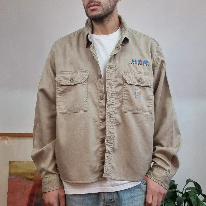 Vintage Carhartt FR Boxy Fit Cropped Shirt Long Sleeve XL plain Beige Button Up Skater Y2K Surf
