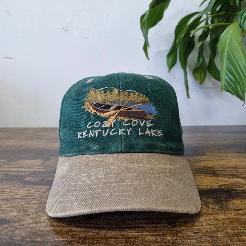 Vintage American Baseball Hat Snapback cap one size green beige cozy cove kentucky lake