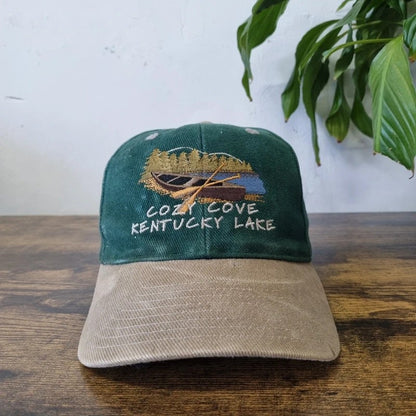 Vintage American Baseball Hat Snapback cap one size green beige cozy cove kentucky lake