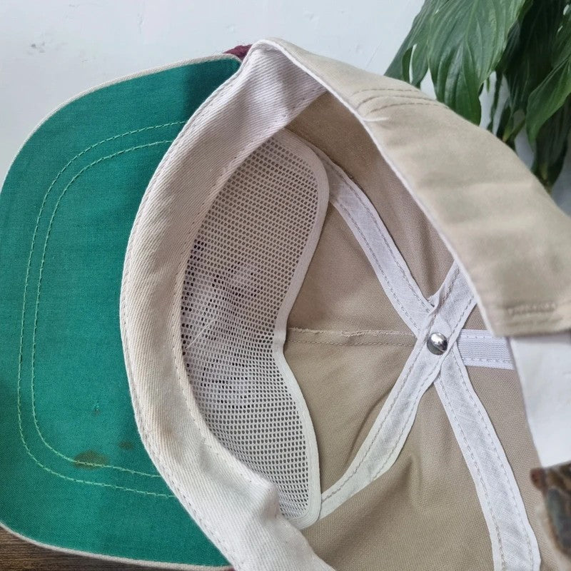 Vintage American Trucker Hat Snapback cap one size adjustable beige silver and leather