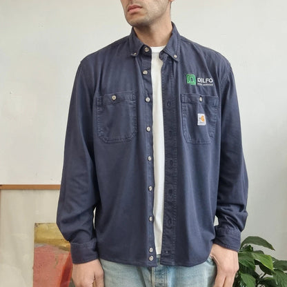Carhartt FR Boxy Fit Cropped Shirt long Sleeve Medium plain Blue Button Up Skater Y2K Surf