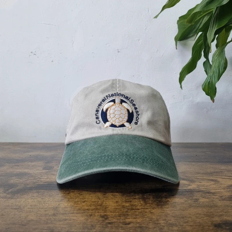 Vintage American Baseball Hat Snapback cap one size adjustable beige green turtle