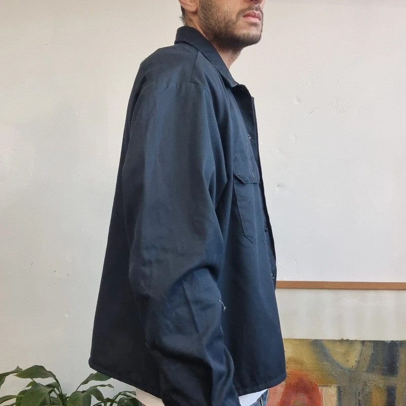 Vintage Dickies Boxy Fit Cropped Shirt Long Sleeve XL plain Blue Button Up Skater Y2K Surf