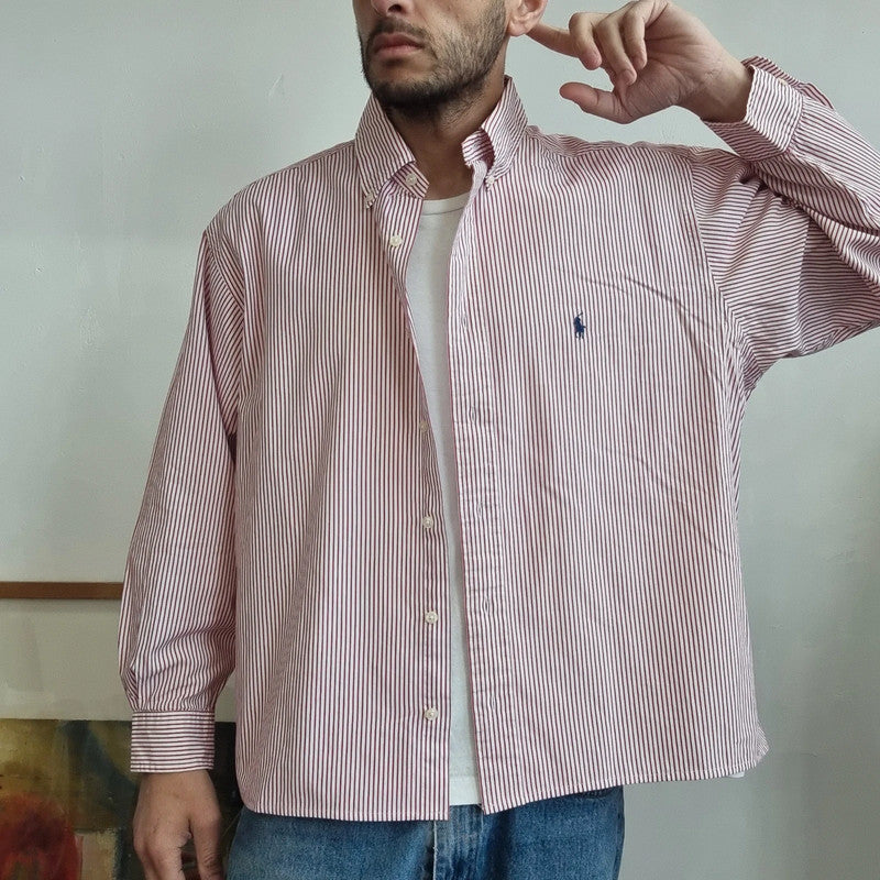 Vintage Ralph Lauren Boxy Fit Cropped Shirt Long Sleeve Large Striped red Button Up Skater Y2K