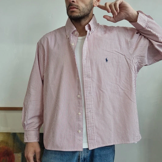 Vintage Ralph Lauren Boxy Fit Cropped Shirt Long Sleeve Large Striped red Button Up Skater Y2K