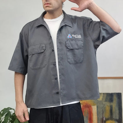 Vintage Dickies Boxy Fit Cropped Shirt Short Sleeve XL plain Grey Button Up Skater Y2K Surf