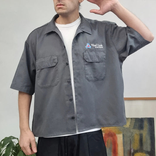 Vintage Dickies Boxy Fit Cropped Shirt Short Sleeve XL plain Grey Button Up Skater Y2K Surf