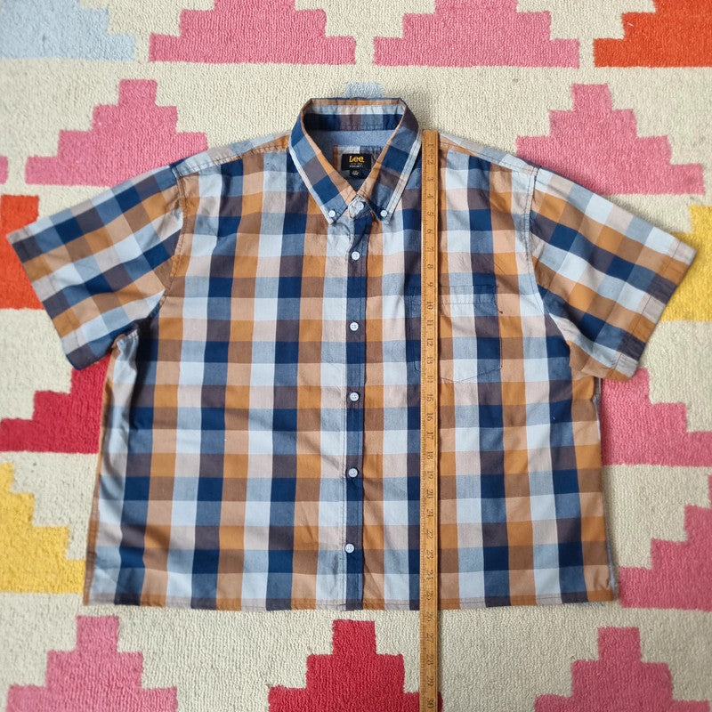 Lee Boxy Fit Cropped Shirt short Sleeve XL check brown blue Button Up Skater Y2K Surf