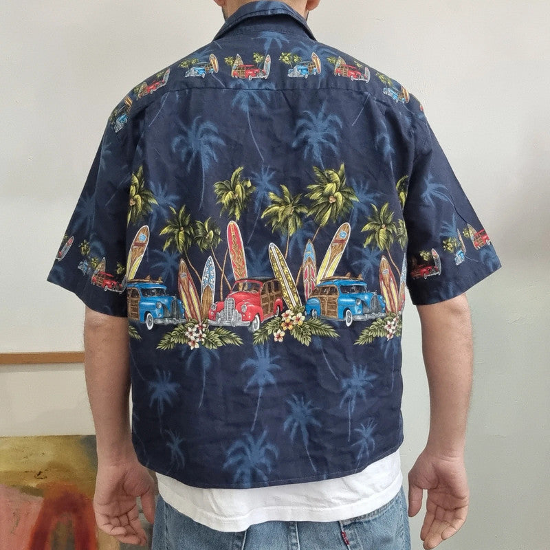 Vintage hawaii Boxy Fit Cropped Shirt Short Sleeve large print Blue Button Up Skater Y2K Surf