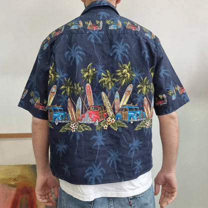 Vintage hawaii Boxy Fit Cropped Shirt Short Sleeve large print Blue Button Up Skater Y2K Surf