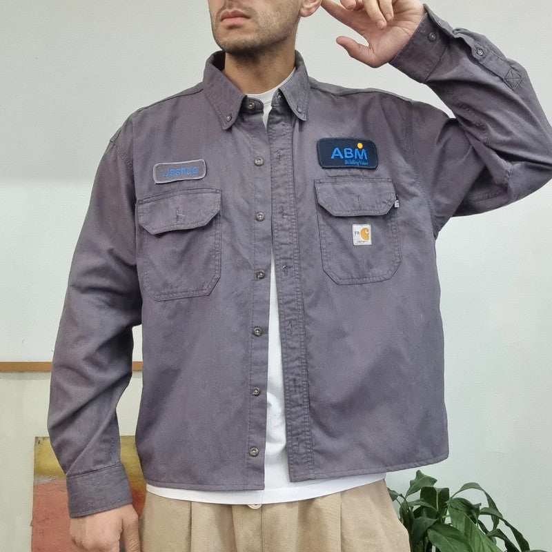 Carhartt FR Boxy Fit Cropped Shirt Long Sleeve Large plain Grey Button Up Skater Y2K Surf
