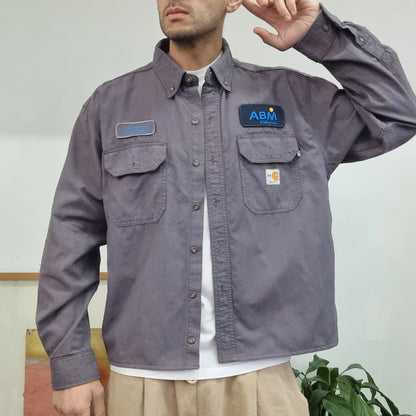 Carhartt FR Boxy Fit Cropped Shirt Long Sleeve Large plain Grey Button Up Skater Y2K Surf