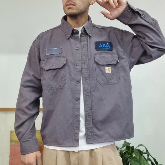 Carhartt FR Boxy Fit Cropped Shirt Long Sleeve Large plain Grey Button Up Skater Y2K Surf