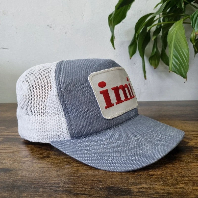 Vintage American Trucker Hat Snapback cap one size blue white IMI Irving Materials Inc