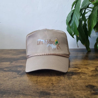 Vintage American Trucker Hat Snapback cap one size adjustable beige lake eddins fishing