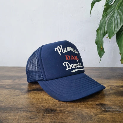 Vintage Plumrose Trucker Hat Snapback cap One size adjustable navy blue usa