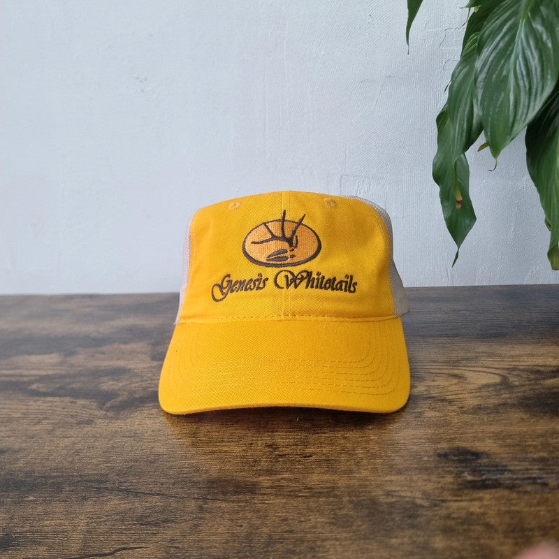 Vintage Genesis Whitetails Trucker Cap Snapback mesh hat yellow beige Jesus one size