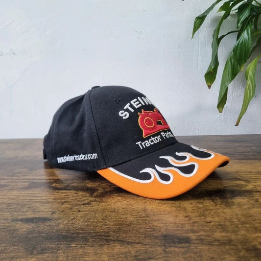 Vintage American baseball Hat flame Snapback cap one size adjustable black orange tractor