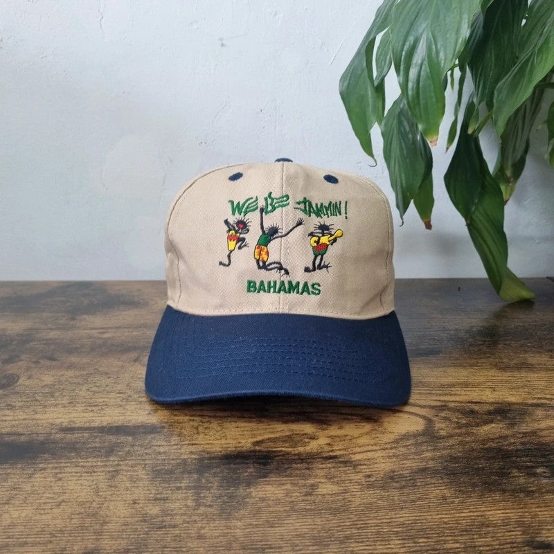 Vintage American Baseball Hat Snapback cap one size adjustable beige blue we be jammin bahams