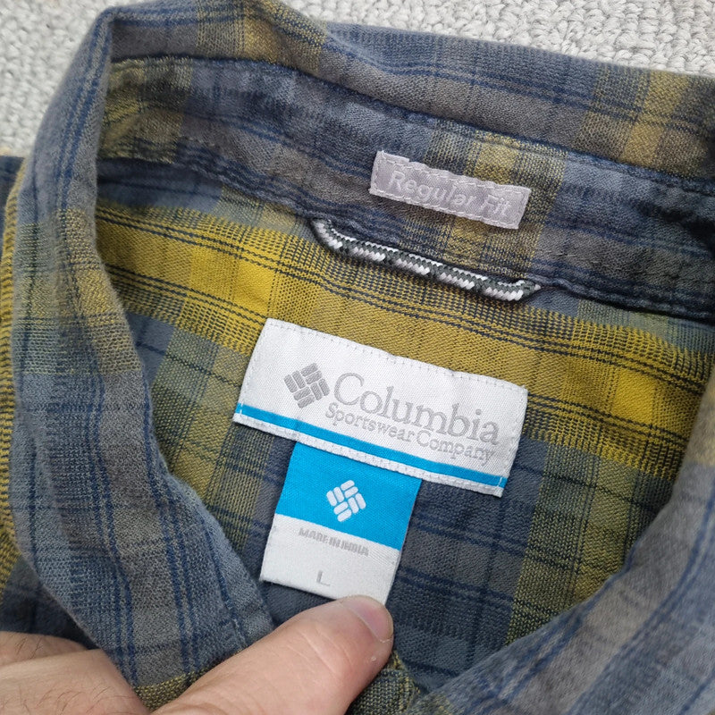 Vintage Columbia Boxy Fit Cropped Shirt Long Sleeve Large Check Blue Button Up Skater Y2K Surf