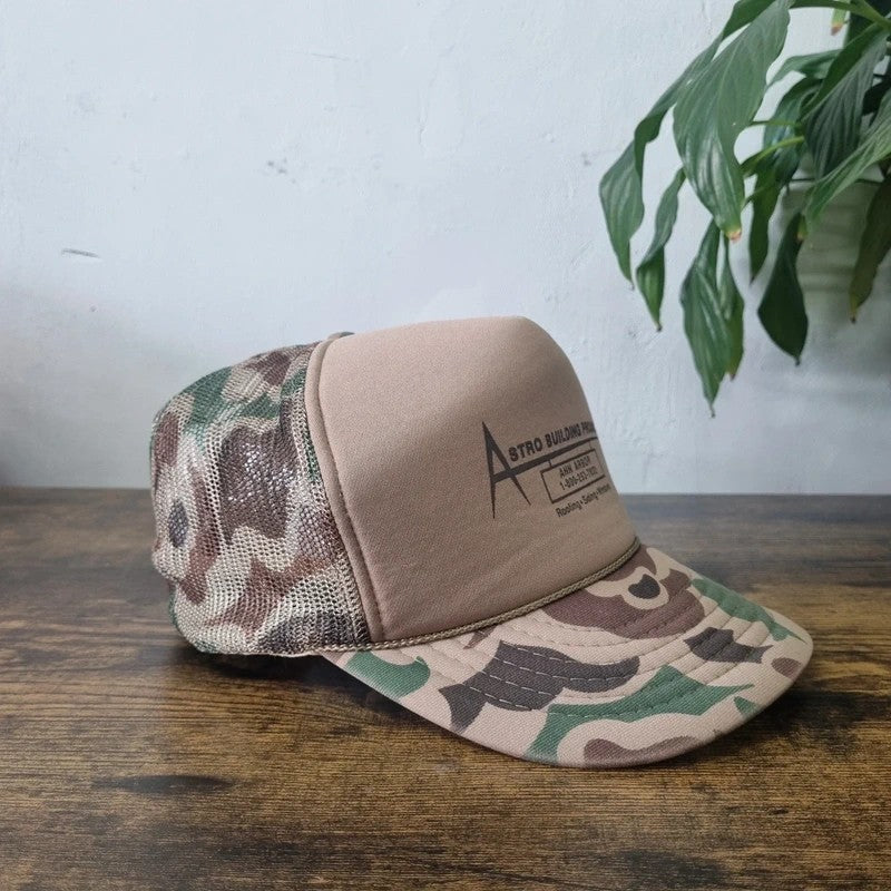 Vintage American Trucker Hat Snapback cap one size adjustable brown camo astro building products