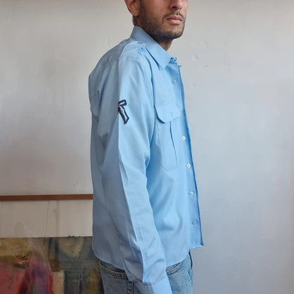 Vintage military Army Boxy Fit Cropped Shirt Long Sleeve medium plain Blue Button Up Skater Y2K