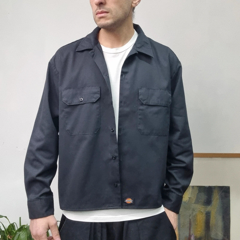 Vintage Dickies Boxy Fit Cropped Shirt long Sleeve large plain Black Button Up NY