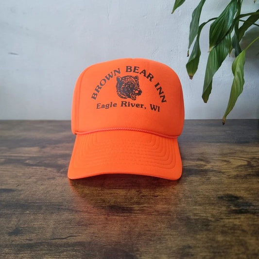 Vintage American Trucker Hat Snapback cap one size neon orange brown bear hunting