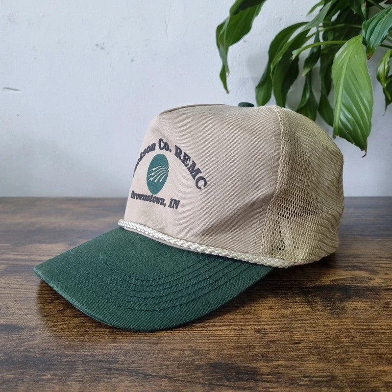 Vintage American Trucker Hat Snapback cap one size adjustable beige green Jackson co farming