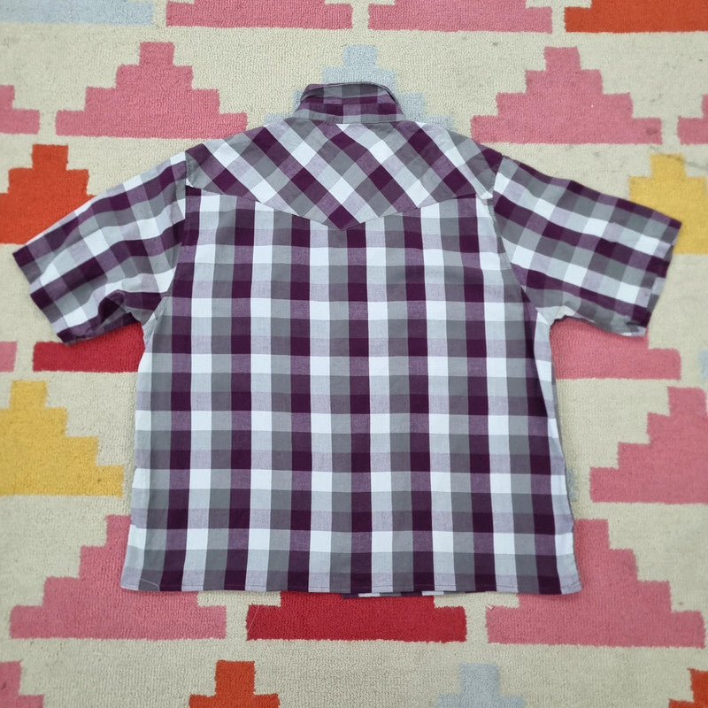 Dickies Boxy Fit Cropped Shirt Short Sleeve large check purple white Button Up Skater Y2K Surf