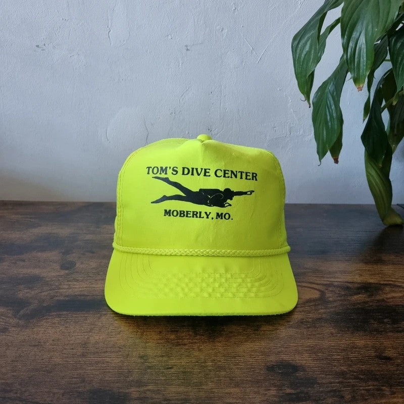 Vintage American Trucker Hat Snapback cap one size adjustable neon yellow Tom's dive centre