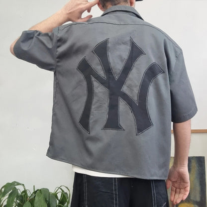 Vintage Dickies Boxy Fit Cropped Shirt Short Sleeve XL plain Grey Button Up NY Yankees
