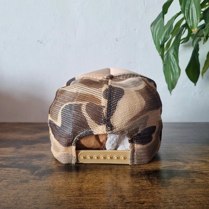 Vintage American Trucker Hat Snapback cap one size adjustable beige khaki camo hole in the wall